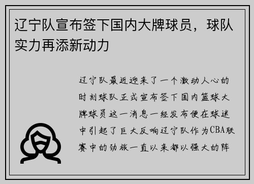 辽宁队宣布签下国内大牌球员，球队实力再添新动力